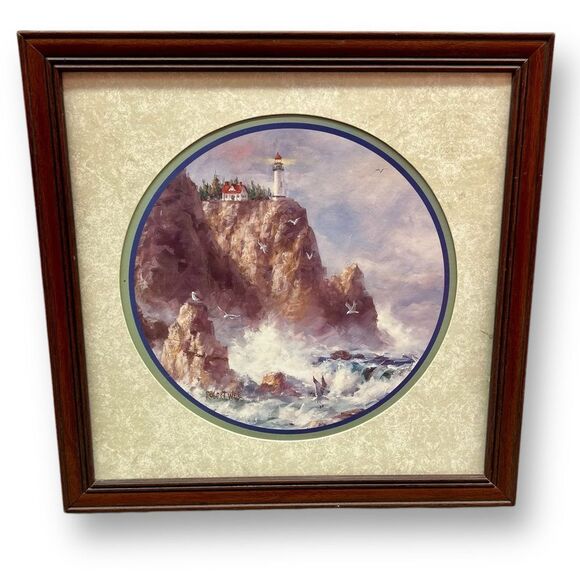 Home Interiors Robert WeeLighthouse Cliff Ocean FramedWall Art Rare Vintage